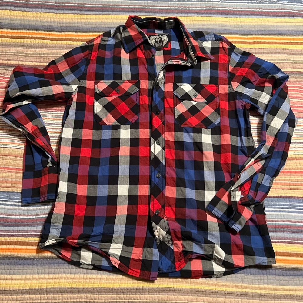 Eighty Eight Men's Medium Red Black Blue Plaid Long Sleeve Button Up Shirt